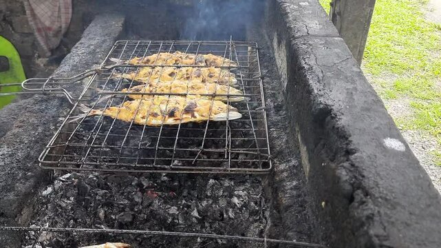 Grilled Fish on Traditional Charcoal Barbecue