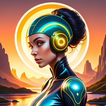 Bionic heroine with glowing audio headset before desert sunset landscape