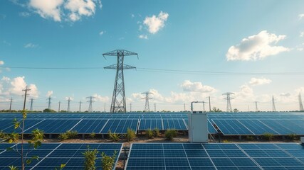 Vast Solar Panel Field Under Clear Blue Sky Highlighting Renewable Energy, Power Transmission Lines, and Sustainable Electricity Generation for Future Generations