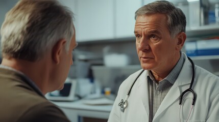 Obraz premium A male doctor explaining a diagnosis to a senior man, both engaged in discussion in a professional healthcare environment