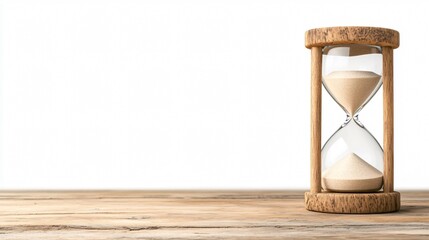 A classic hourglass sits on a wooden surface, symbolizing the passage of time and the concept of measurement.