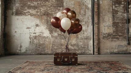 Vintage Suitcase with Colorful Balloons in Industrial Setting