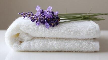A fluffy white towel rolled neatly, with a small lavender flower on top
