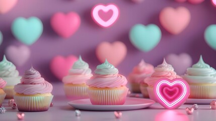 pink cupcakes & neon hearts valentine's - pastel colors