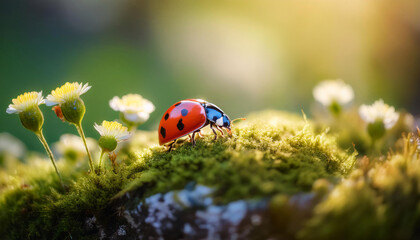 Naklejka premium A vibrant ladybug moves gracefully across a moss-covered rock, surrounded by delicate wildflowers. Sunlight filters through, creating a magical atmosphere of nature's beauty and tranquility