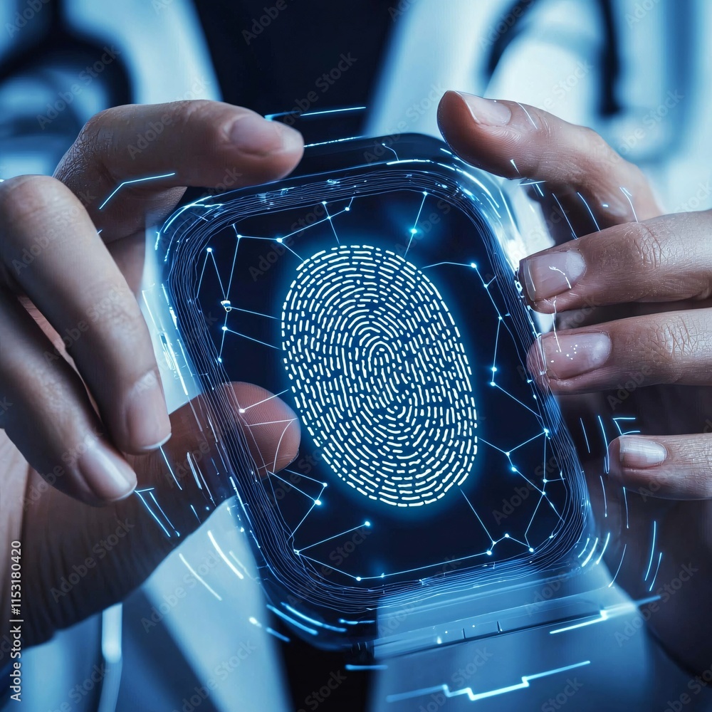 Poster a close-up of hands using a secure fingerprint scanner to access a patient s treatment history on a 