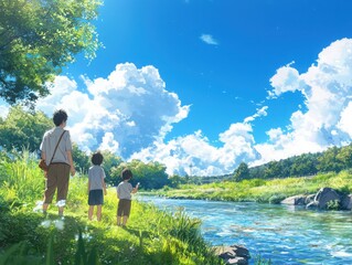 Fototapeta premium Family adventure at riverbank anime style soft green and blue tones tranquil environment artistic viewpoint