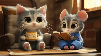 Adorable cartoon kitten and mouse enjoying a cozy reading time with a cup of tea