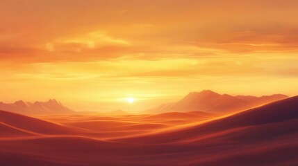 Obraz premium an endless desert with rolling sand dunes glowing in golden and orange hues as the sun sets on the horizon. 