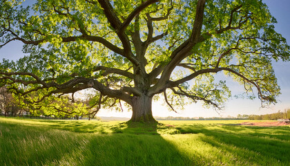 Fototapeta premium Considered a symbol of strength, the massive oak tree showcases tiny bright green leaves that begin to unfurl, casting dappled light on the lush grass below, inviting nature's awakening