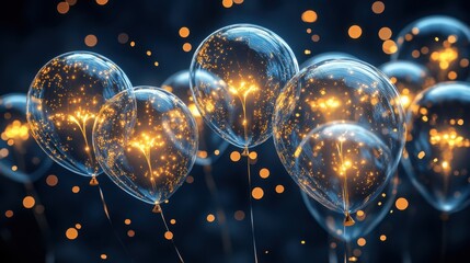 Colorful transparent balloons with sparkling lights on dark background