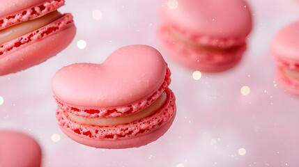 Obraz premium pink heart macarons floating, sweet treats - pastel colors