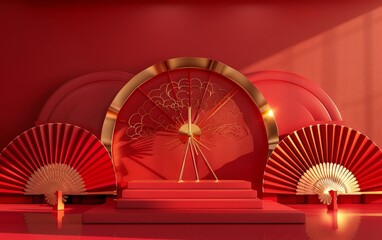 Chinese New Year Background with Red and Gold Fans