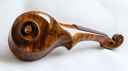 A polished wooden violin resting on a white velvet surface