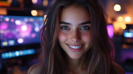 Obraz premium Young Woman Smiles Brightly While Surrounded by Computer Screens at Night. Generative AI
