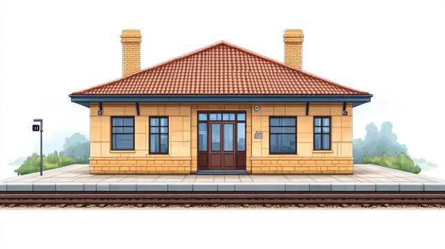 Small, traditional train station building with terracotta roof and light stone walls.