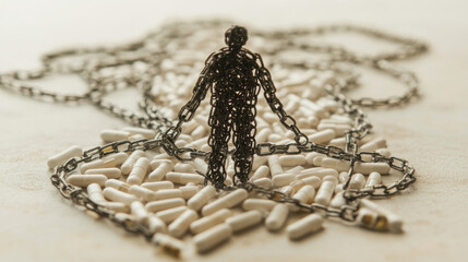 Abstract Concept of Addiction Represented by Human Figure Bound in Chains Surrounded by White Capsules on a Soft Neutral Background