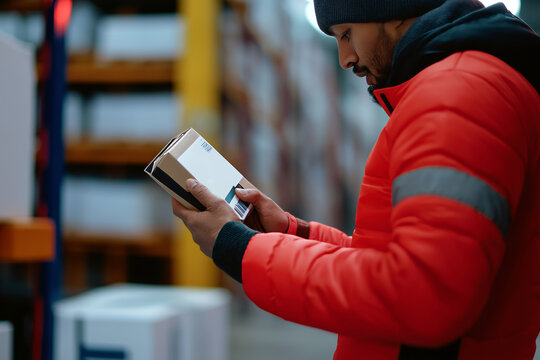 A courier scanning a package with a handheld device, background blurred for focus.