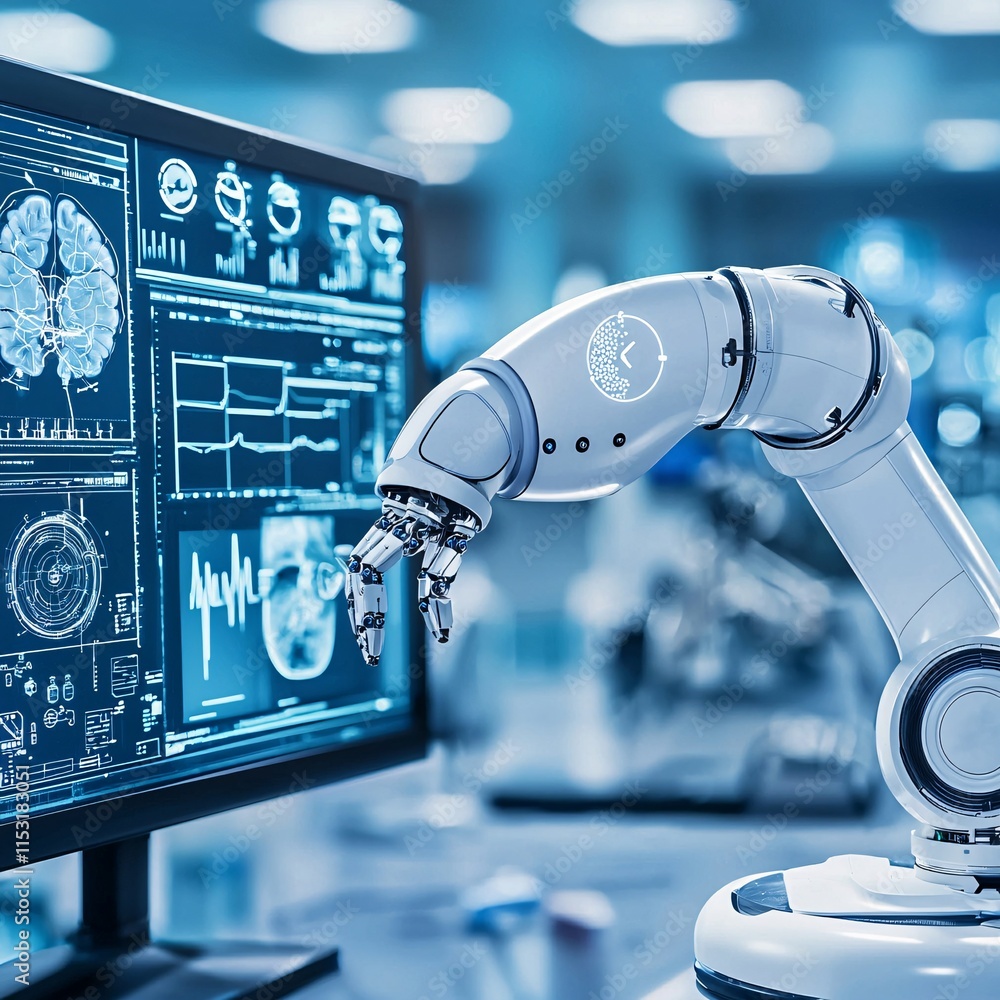 Poster ai-powered robotic arm assisting in health data analysis in a futuristic lab setting