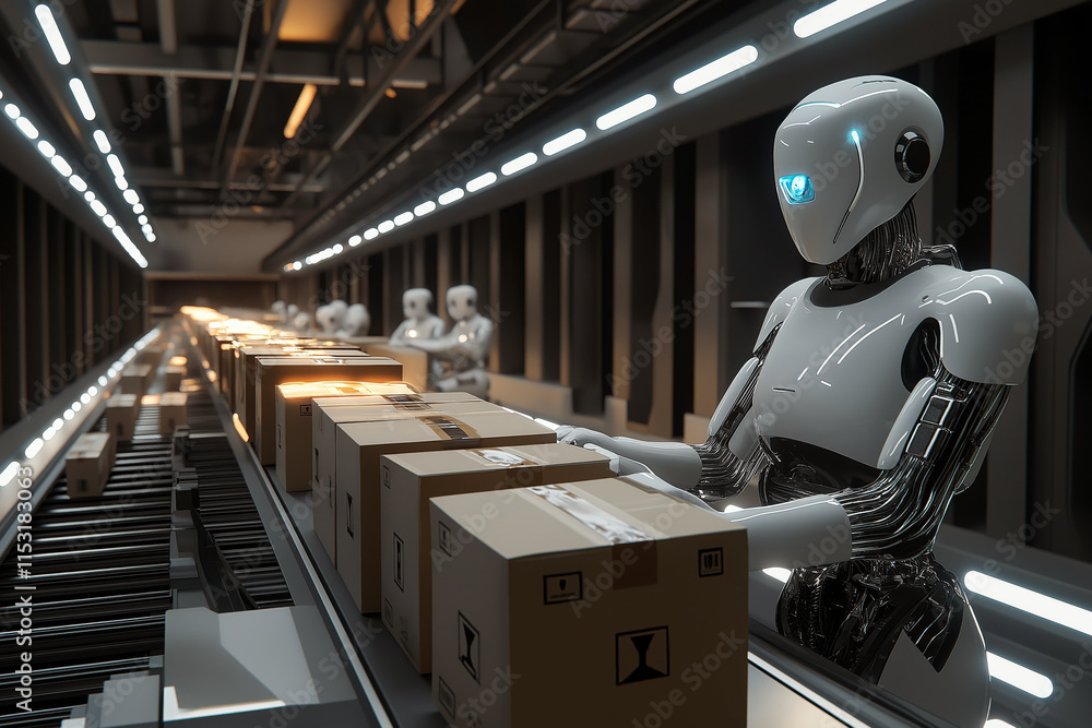 Poster a high-tech sorting facility with automated conveyor belts and robots organizing parcels.