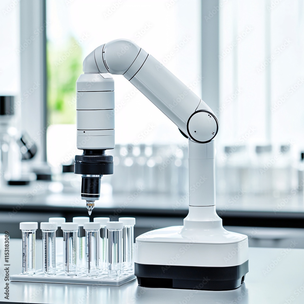 Poster ai-powered robotic arm assisting in health data analysis in a futuristic lab setting
