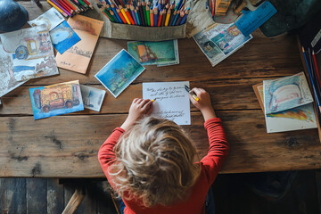 A child writing a letter at a wooden desk surrounded by crayons and postcards.