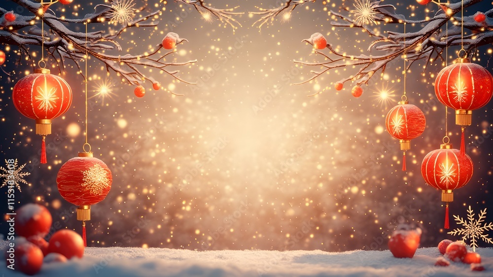 Poster background with red baubles and snowflakes. copy space. generated by ai
