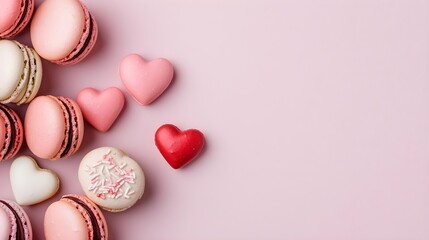 Fototapeta premium pink macarons & hearts; valentine's day treats - pastel colors