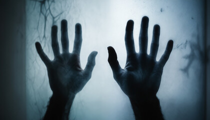 Shadow hands of the Man behind frosted glass