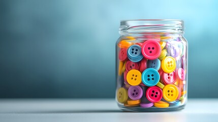 A clear glass jar filled with colorful buttons, placed on a white table