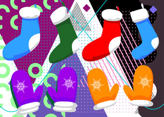 Mitten Glove and Christmas stocking geometrical graphic retro theme background. Minimal geometric elements. Vintage abstract shapes vector illustration.