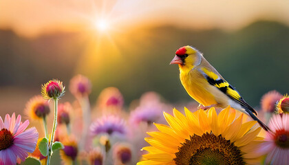 Bright yellow feathers of the goldfinch shine brilliantly as it rests on a sunflower. Surrounding wildflowers bloom in a vivid array of colors under the soft glow of the rising sun