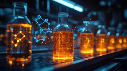 Laboratory Setting With Glowing Bottles and Digital Graphics During an Experiment. Generative AI