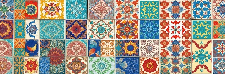 Colorful Mosaic Tiles Collection Featuring Intricate Patterns and Designs in Vibrant Blue, Red, Yellow, and Green Tones, Perfect for Artistic Backgrounds and Textures
