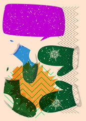 Risograph Mitten Glove and Christmas stocking with speech bubble with geometric shapes. Objects in trendy riso graph print texture style design with geometry elements.