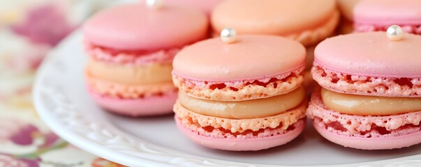 Fototapeta premium pink macarons with caramel filling - pastry - pastel colors