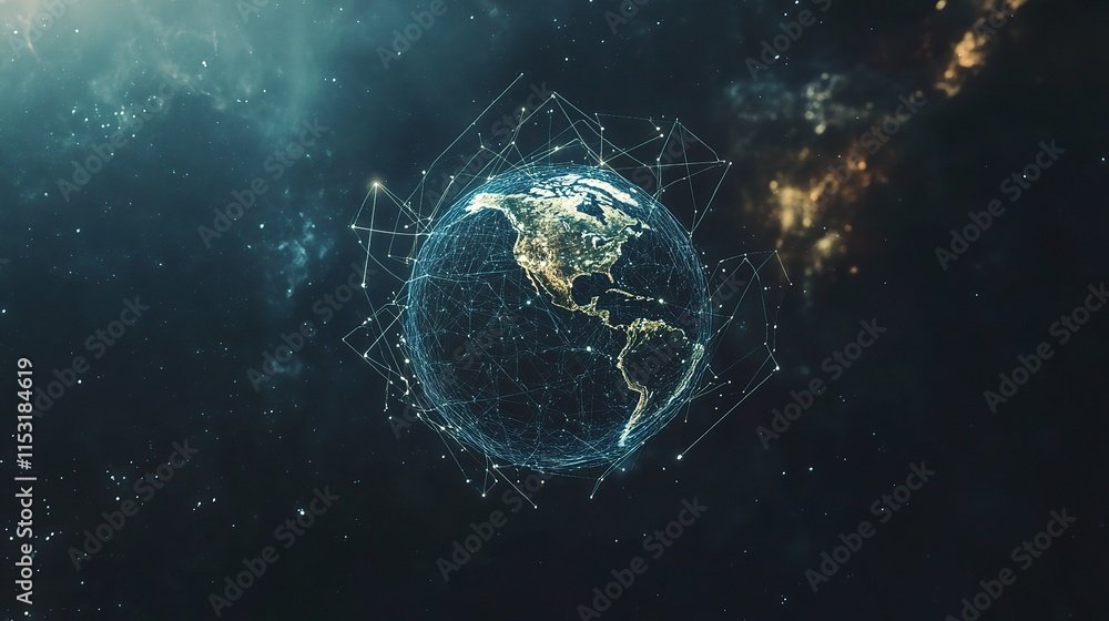 Poster earth surrounded by connection lines and circles in cosmic space