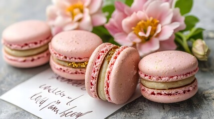 Fototapeta premium pink macarons with gold, flowers, bakery - pastel colors