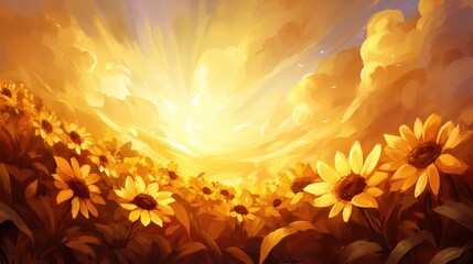 Sunflowers Basking in Golden Sunset Radiance