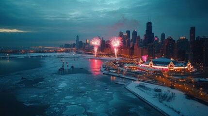 Fototapeta premium A winter cityscape featuring fireworks over a frozen lake and urban skyline at dusk.
