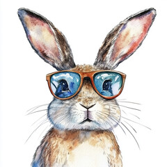 Cute Rabbit Wearing Stylish Sunglasses in Watercolor Art Style