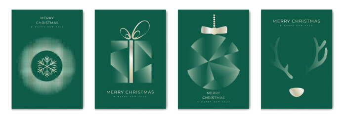 Merry Christmas and Happy New Year greeting card vector set. Luxury invitation with Christmas tree, bauble, candle, spot texture on green background. Design illustration for season's card, ads. © TWINS DESIGN STUDIO