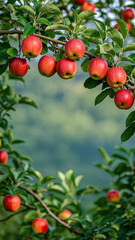 panoramic composition, with a large blank space in the middle for text design. the teng basket is placed on a wooden table with a tablecloth. the basket contains some apples,
