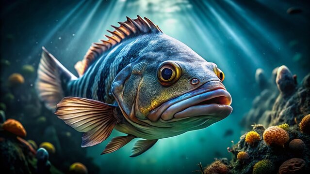 Low Light Close-up of Sheepshead Fish Head, Underwater Scene