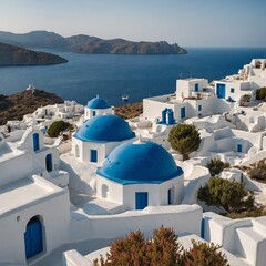 Naklejka premium A Greek island house with white walls, blue domes, and the Aegean Sea.