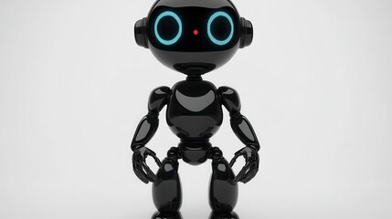 Shiny black robot with glowing blue eyes.
