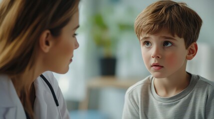 A sad young boy being reassured by a female pediatrician after receiving a vaccine, creating an atmosphere of care