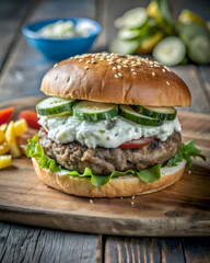 Greek.Inspired Burger with Tzatziki Sauce and Cucumber