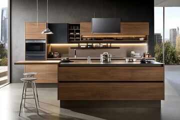 Modern Kitchen with Sleek Wooden Finish, Central Island, and Warm Ambient Lighting