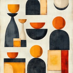 An abstract composition featuring bold geometric shapes in orange, black, and cream tones, creating a harmonious visual balance.